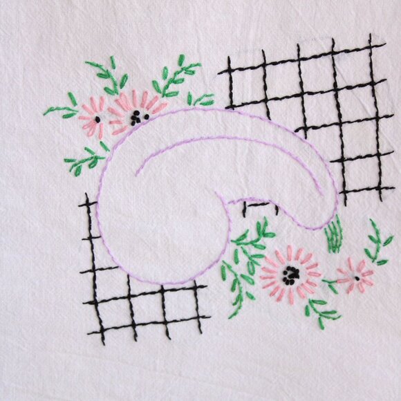 Vintage 1950s Tablecloth, Embroidered Eggplant, Or Kitchen Towel - Picture 3 of 10